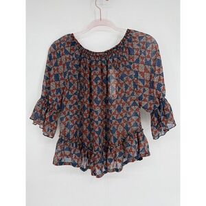Petticoat Alley Boho Print Ruffle Bell Sleeve Peasant Blouse‎ Womens Sz M Blue